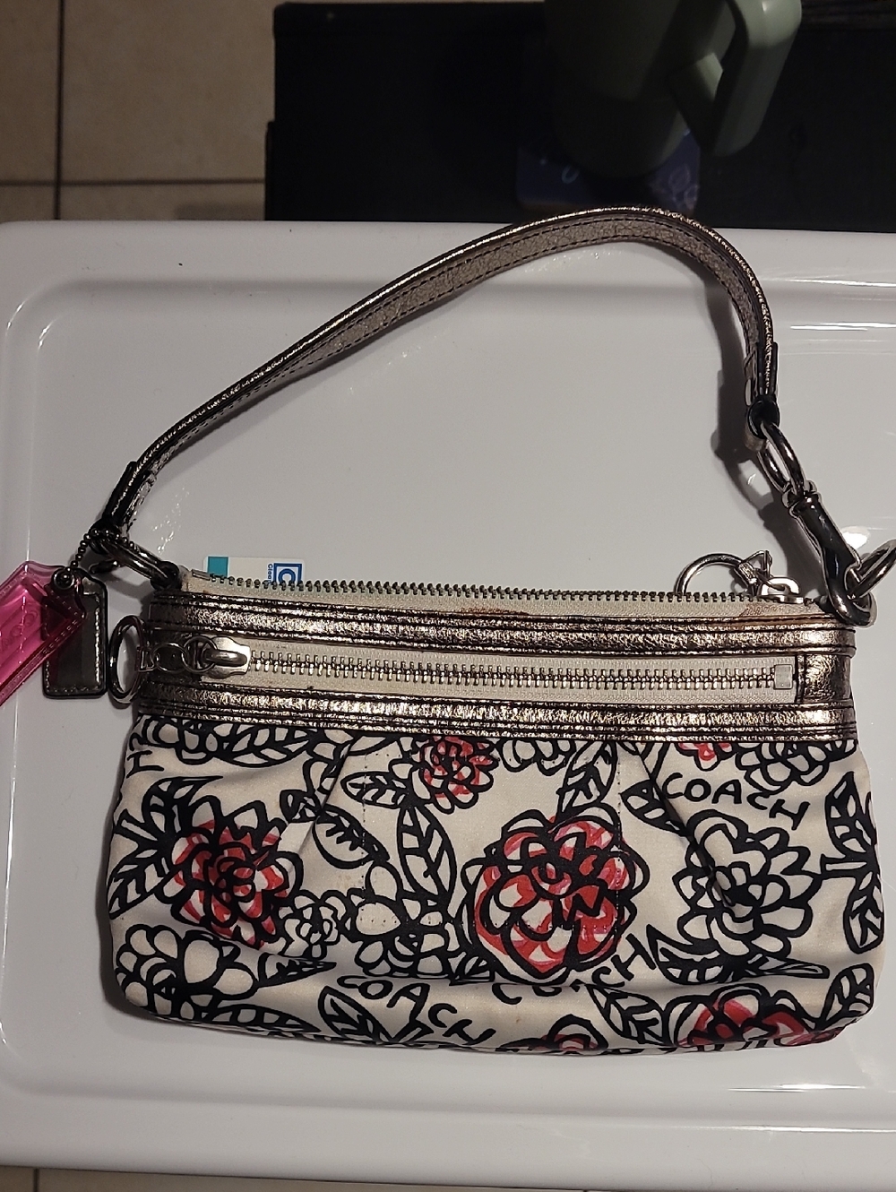 Coach Poppy Floral Wristlet with Metallic Gold Trim